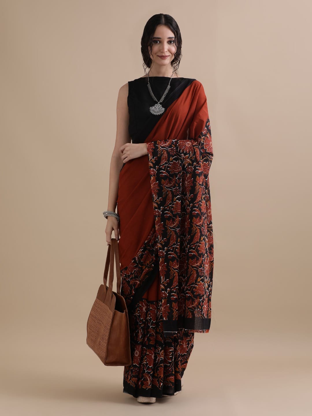 Cotton mulmul handblock printed saree wholesale in maroon black floral pattern